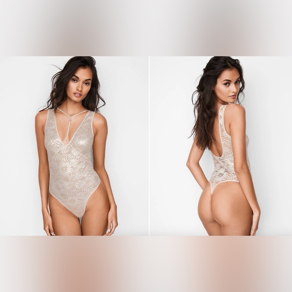 Victoria's Secret Very Sexy IVORY Cream Palm Lace Bodysuit‎ Teddy in LARGE